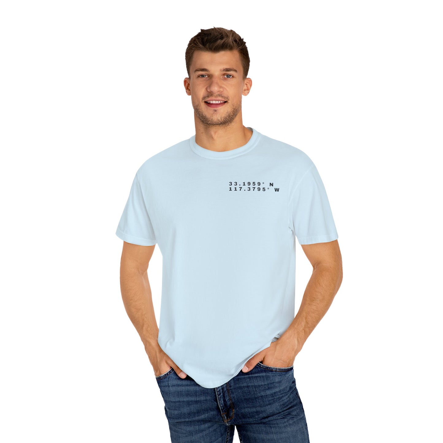 Oceanside CA Beach Ocean Waves Actual Photo on Back Longitude Latitude Coordinates on Front | Comfort Colors | Unisex Garment-Dyed T-shirt