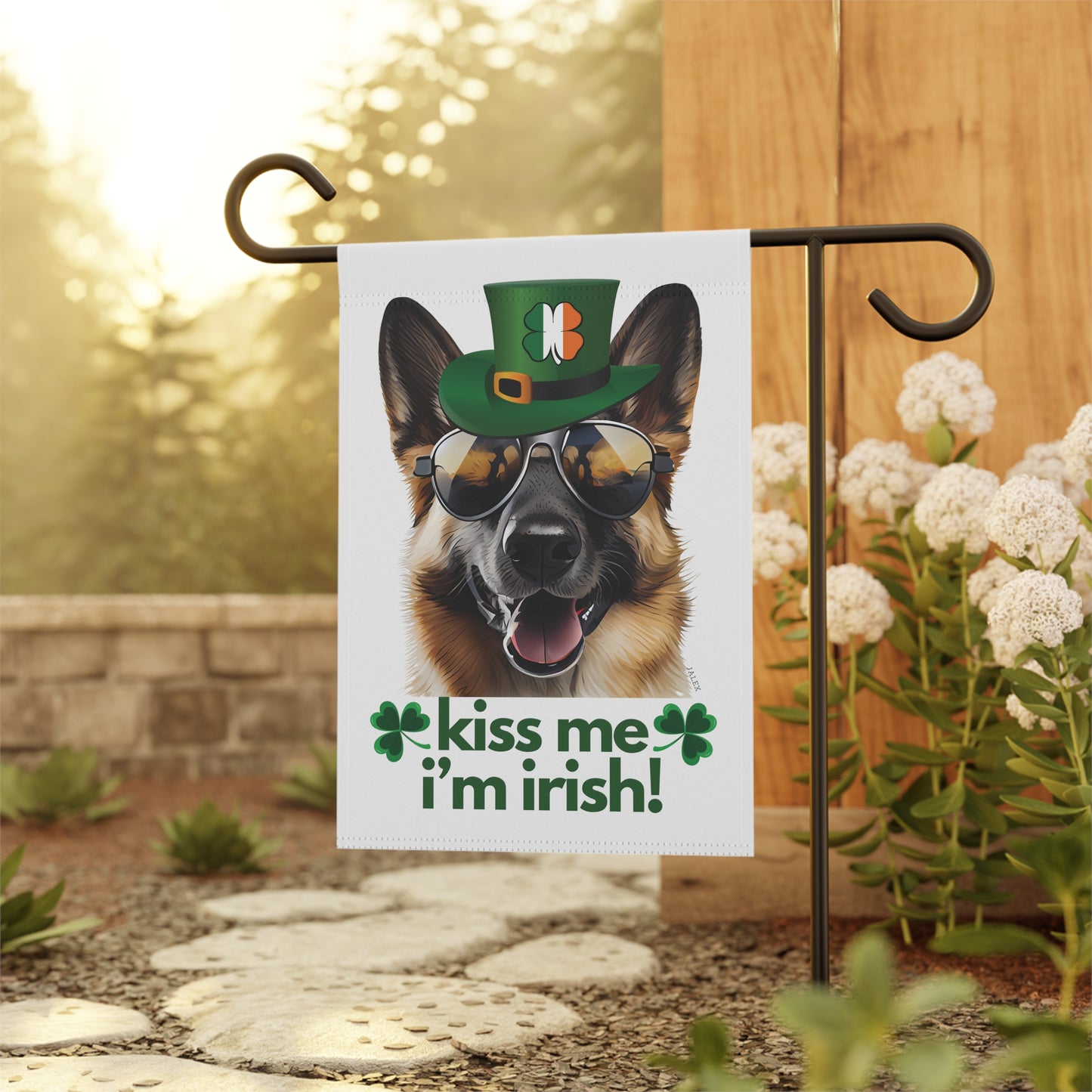 German Shepherd Flag, Garden Flag, Kiss Me I'm Irish!, House Flag, Banner, Printed Both Sides, Gift, Dog Lover, St. Patrick's Day