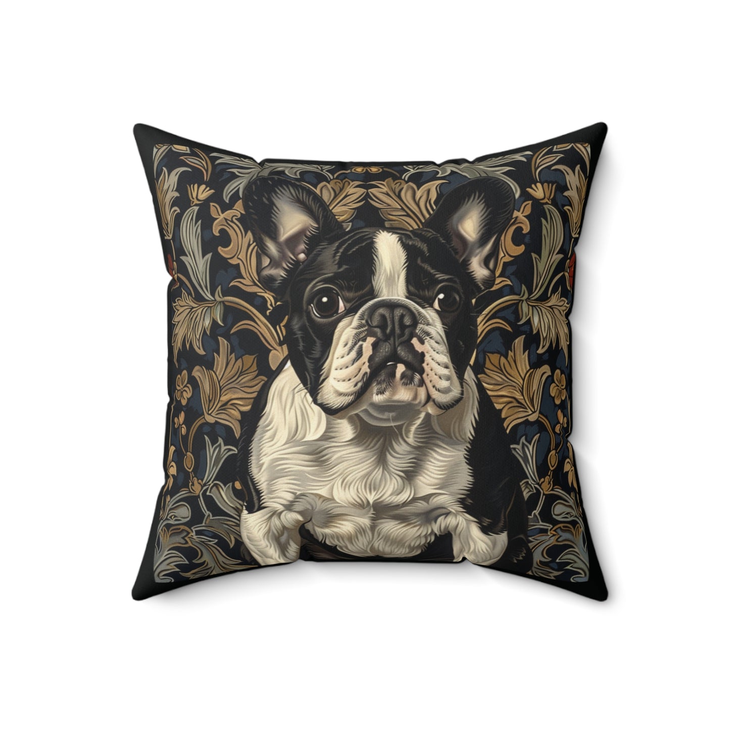 French Bulldog Black and White William Morris Style Gift Dog Lover Spun Polyester Square Pillow