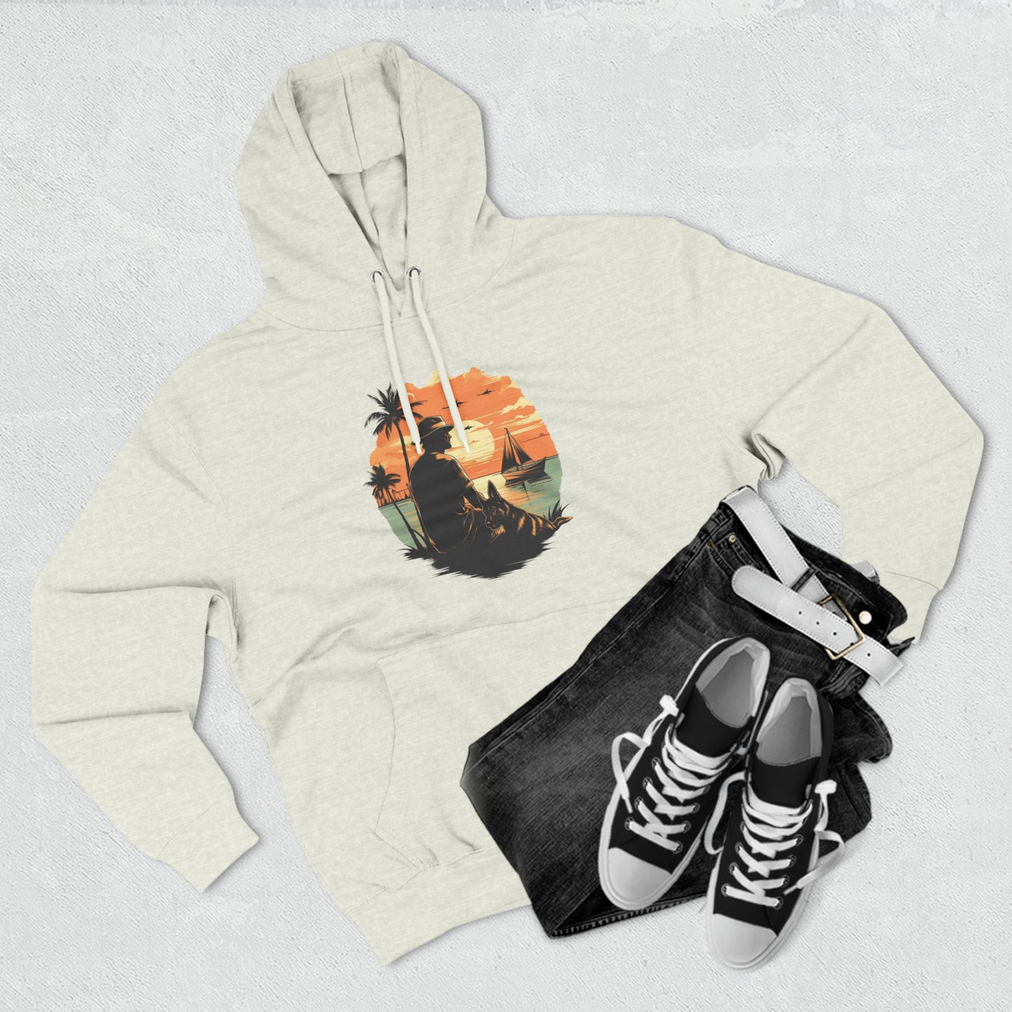 German Shepherd with Man Palm Trees Ocean Sunset Retro Vintage Hoodie | Unisex Premium Pullover Hoodie | Gifts for Dog Lovers