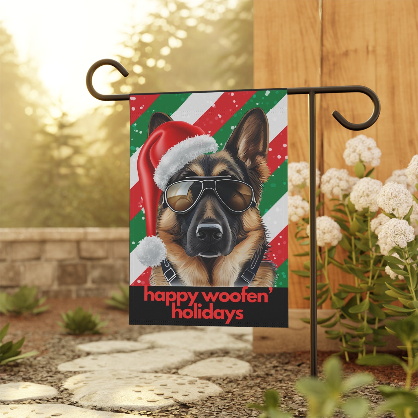 German Shepherd Flag, Garden Flag, Happy Woofen' Holidays, House Flag, Banner, Printed Both Sides