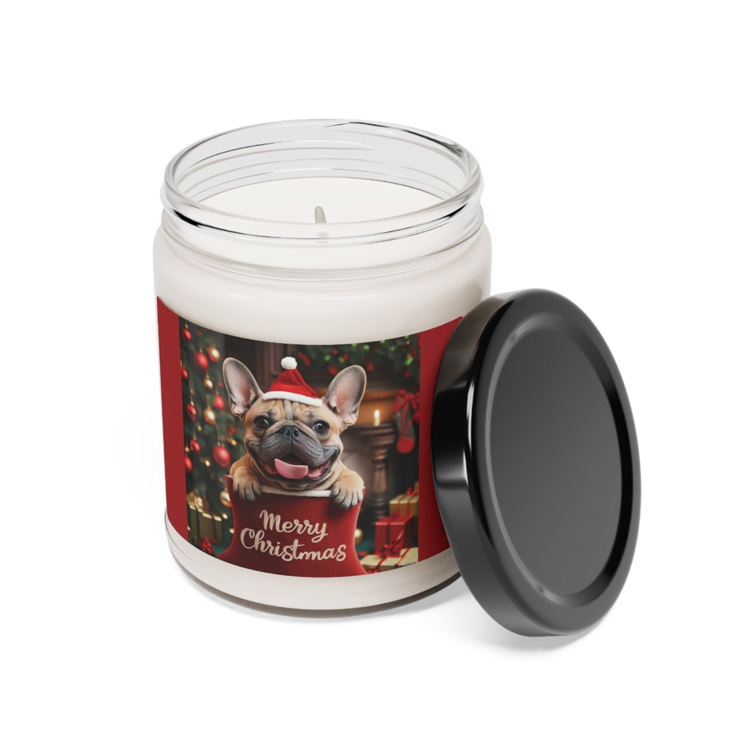 Cute French Bulldog Puppy in Red Stocking and Santa Hat "Merry Christmas" | Gifts for Dog Owners | Scented Soy Candle, 9oz