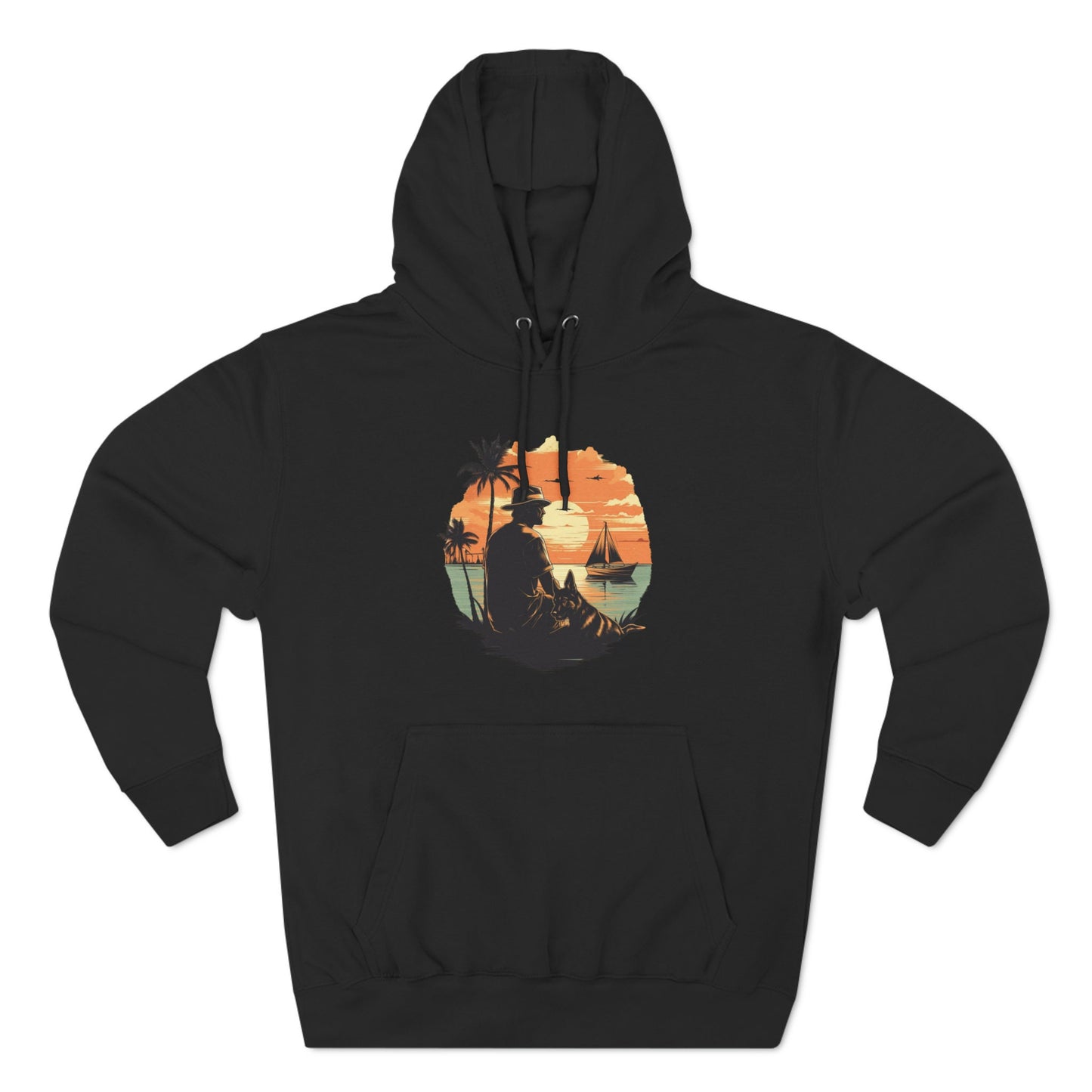 German Shepherd with Man Palm Trees Ocean Sunset Retro Vintage Hoodie | Unisex Premium Pullover Hoodie | Gifts for Dog Lovers