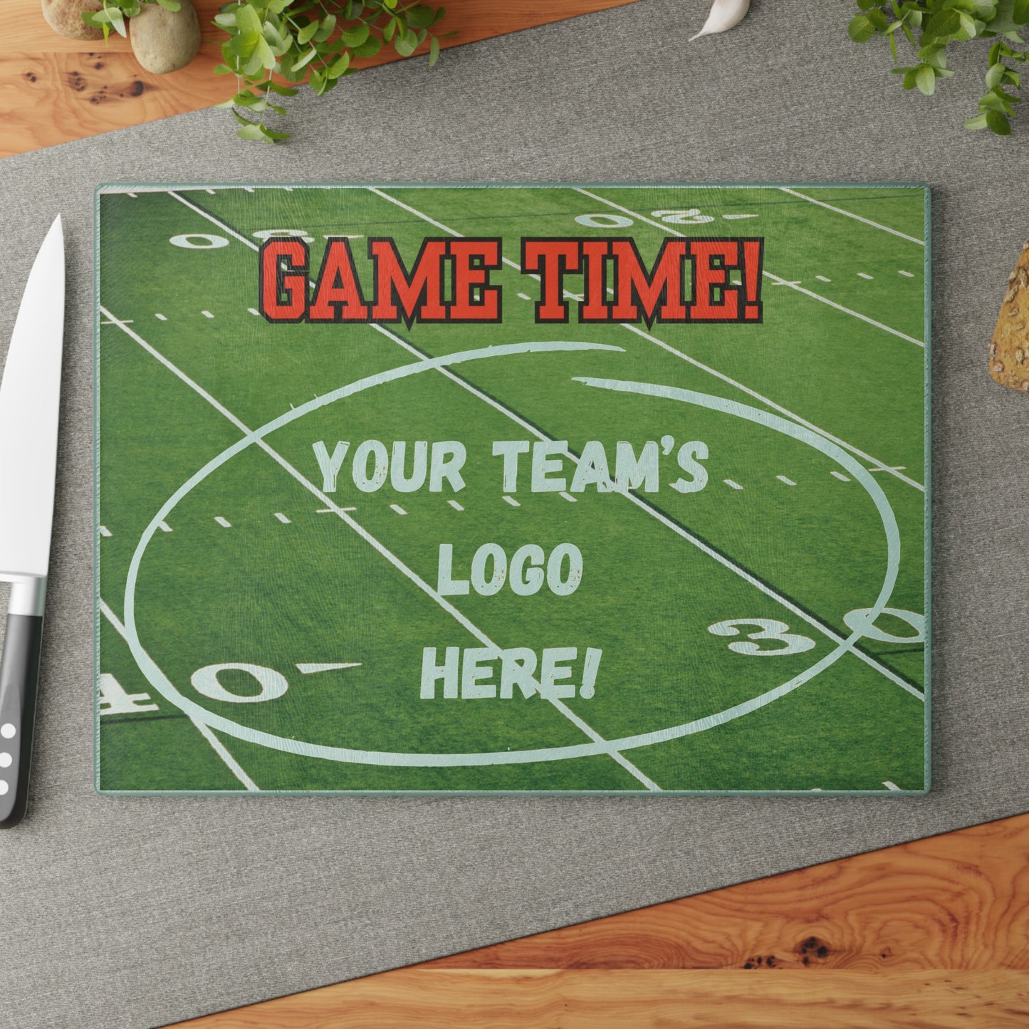 CUSTOM Your Team Logo Game Time Football Field Green | Glass Cutting Board