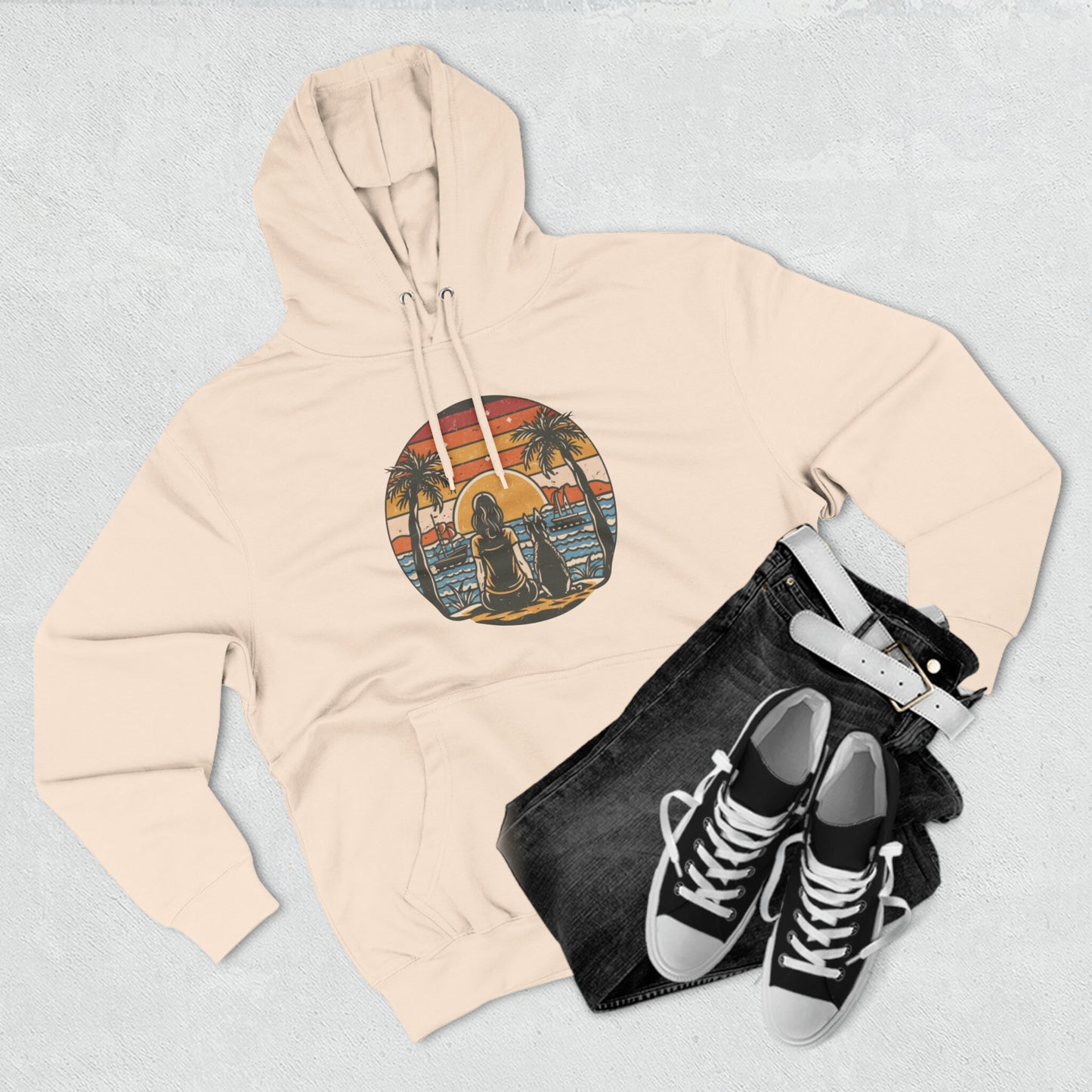 German Shepherd with Woman Palm Trees Ocean Sunset Retro Vintage Hoodie | Unisex Premium Pullover Hoodie | Gifts for Dog Lovers