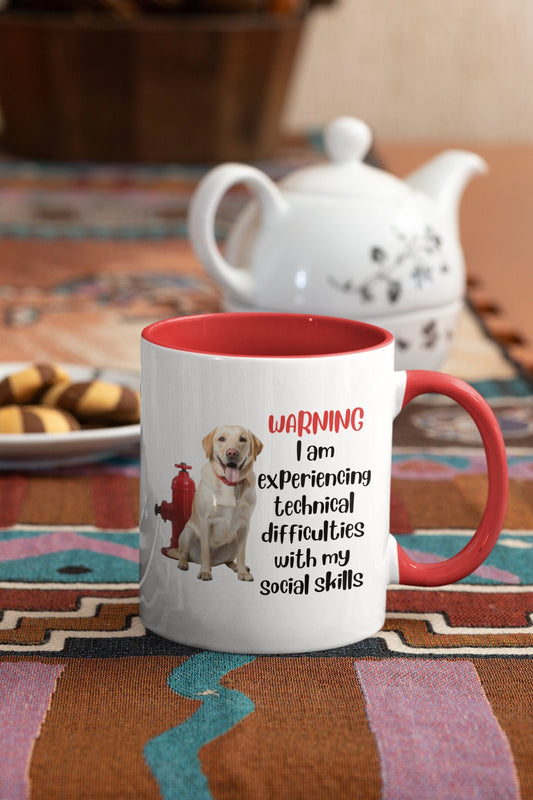 Yellow Labrador with Hydrant "Warning: I am experiencing technical difficulties with my social skills" | Coffee Mug, 11oz