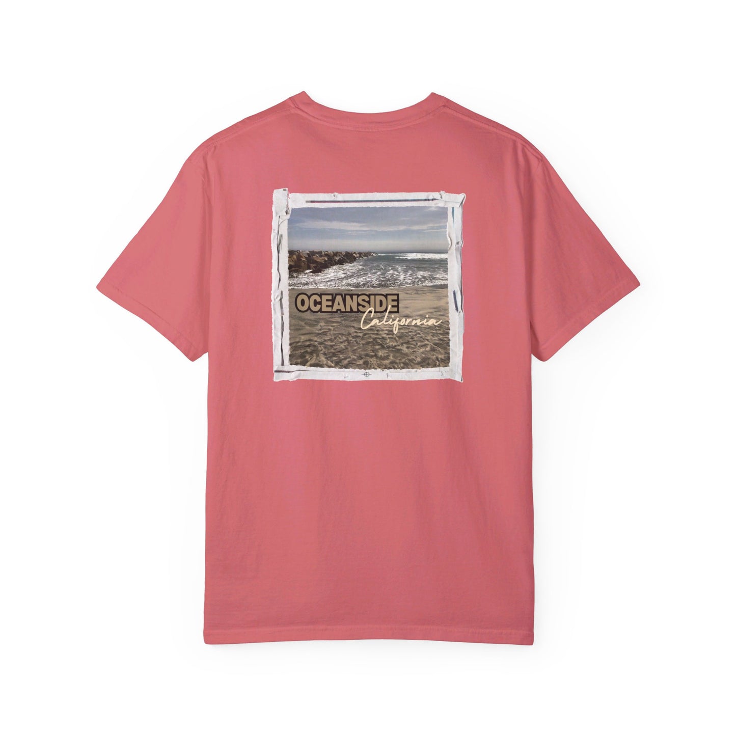 Oceanside CA Beach Ocean Waves Actual Photo on Back Longitude Latitude Coordinates on Front | Comfort Colors | Unisex Garment-Dyed T-shirt