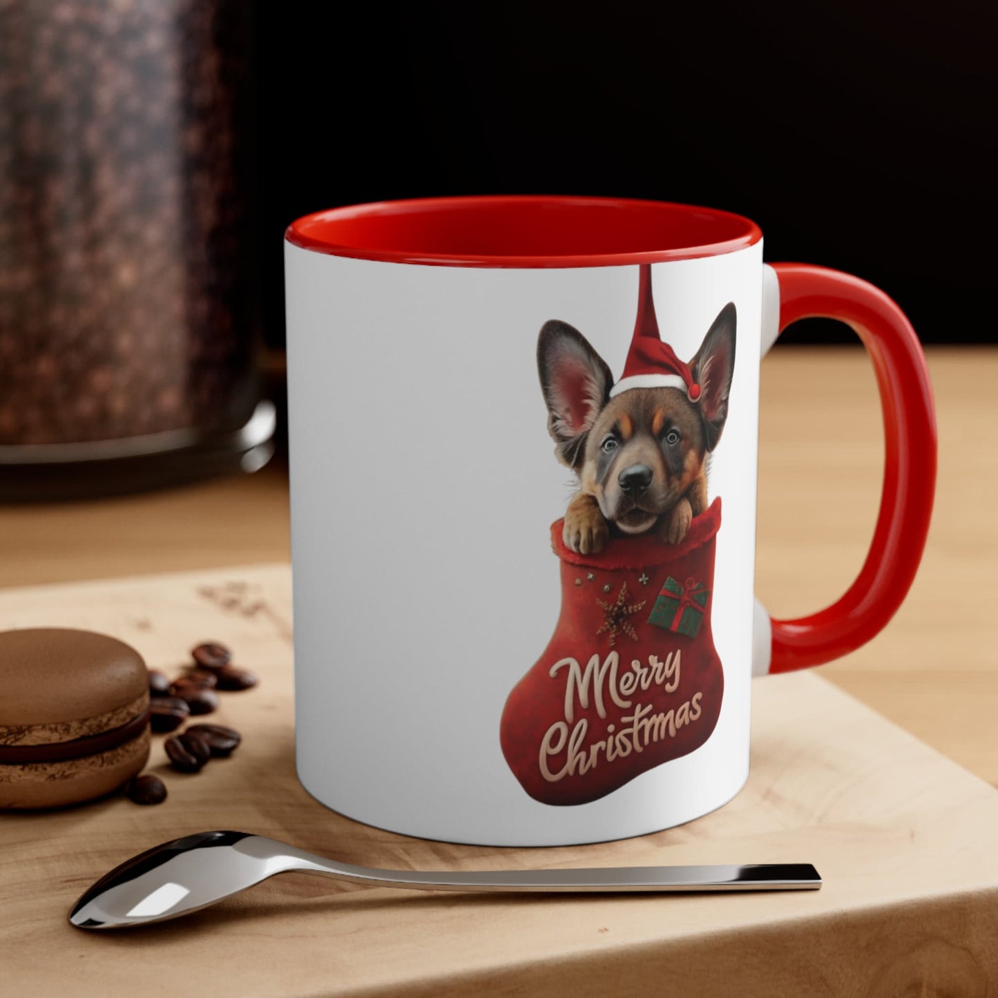 German Shepherd in Stocking with Santa Hat Merry Christmas | Coffee Mug, 11oz