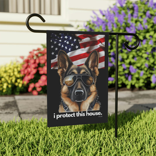 German Shepherd Flag, Garden Flag, I Protect This House, Patriotic, USA, United States, American Flag, Banner, Printed Both Sides