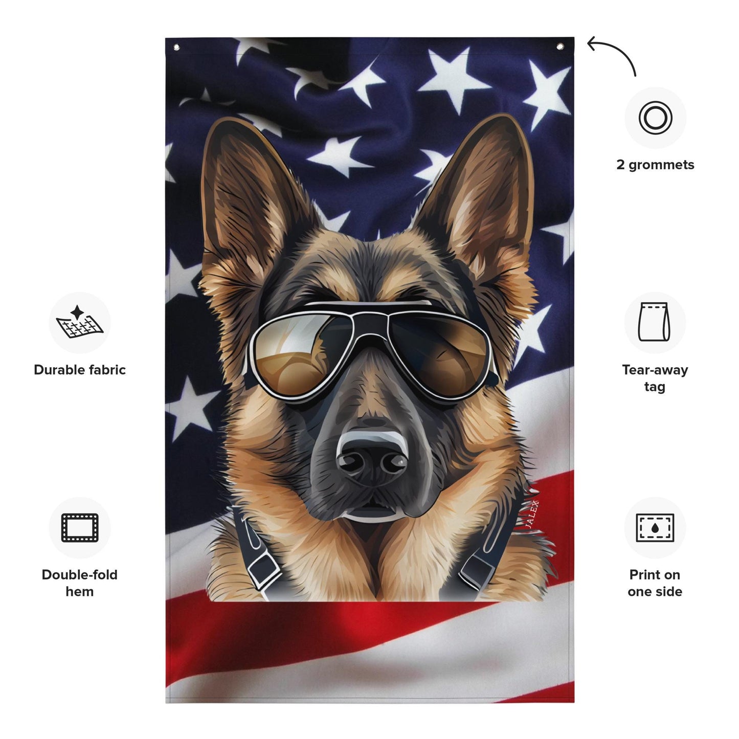 German Shepherd in Aviator Glasses w USA Flag Background 36" x 60" Flag