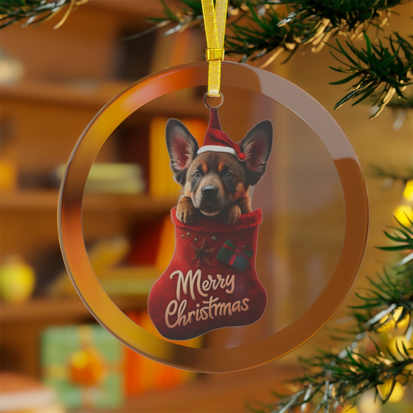 German Shepherd Cute Puppy in Stocking "Merry Christmas" | Dog Gifts for Owners | Glass Ornament