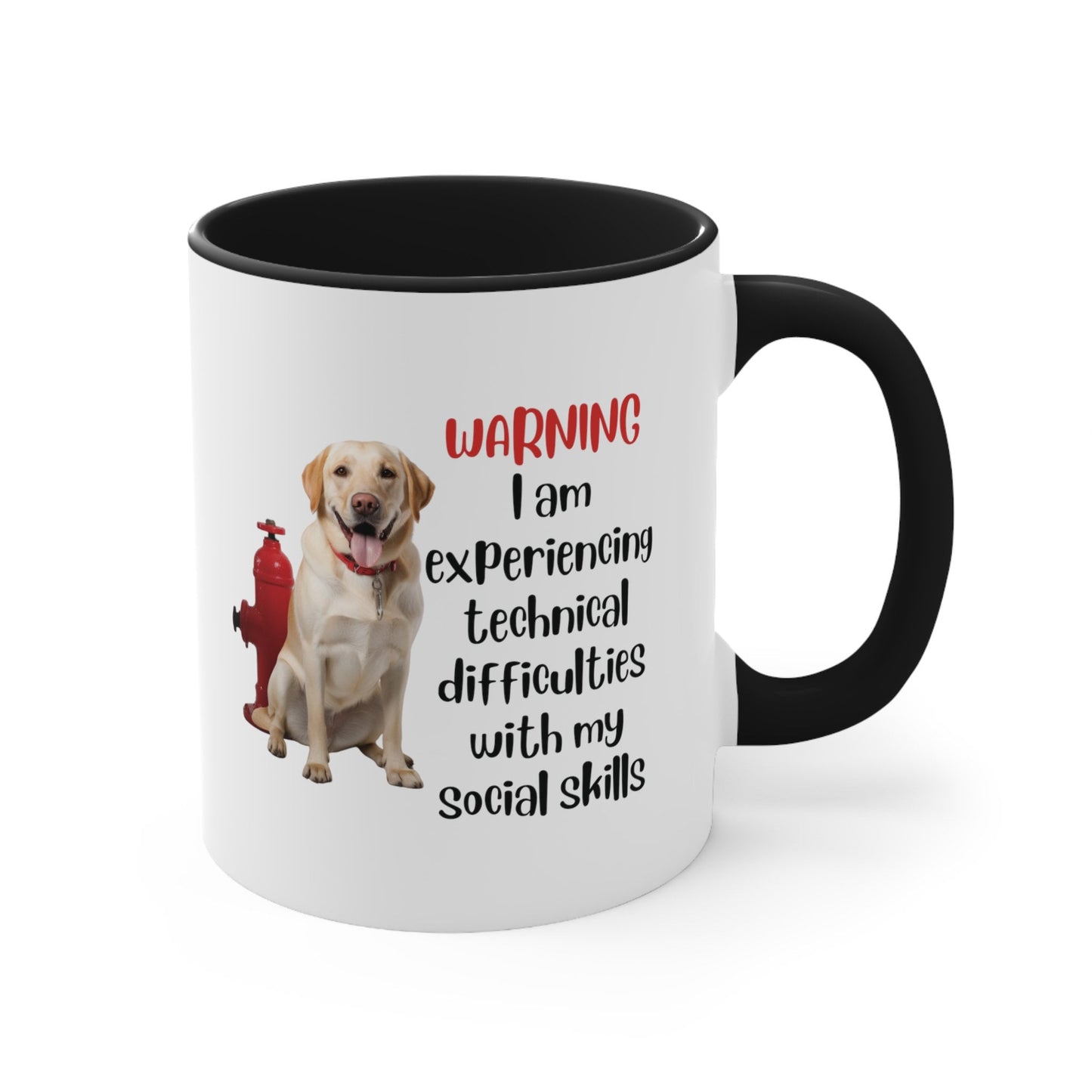 Yellow Labrador with Hydrant "Warning: I am experiencing technical difficulties with my social skills" | Coffee Mug, 11oz