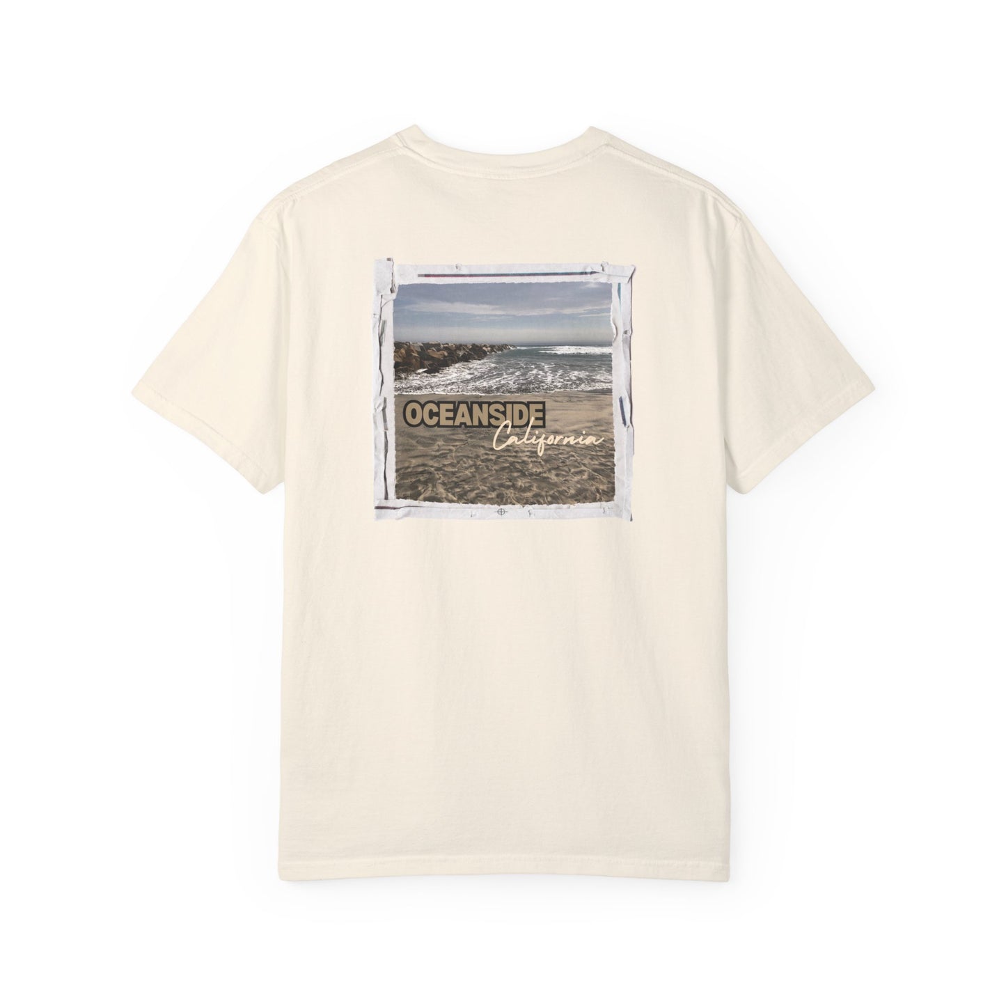 Oceanside CA Beach Ocean Waves Actual Photo on Back Longitude Latitude Coordinates on Front | Comfort Colors | Unisex Garment-Dyed T-shirt