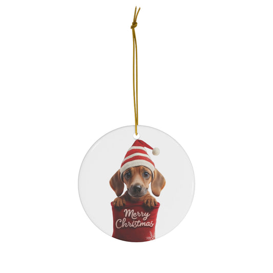 Dachshund Puppy in Stocking with Santa Hat | Ceramic Ornament, Circle (white background)