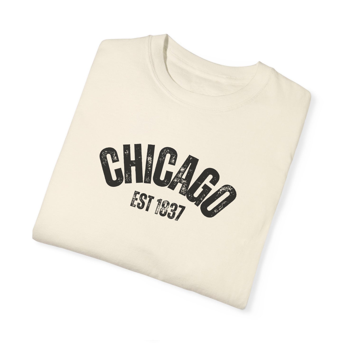 CHICAGO Funky Illustration of the Chicago Skyline on Back Grunge Chicago Logo on Front | Comfort Colors | Unisex Garment-Dyed T-shirt