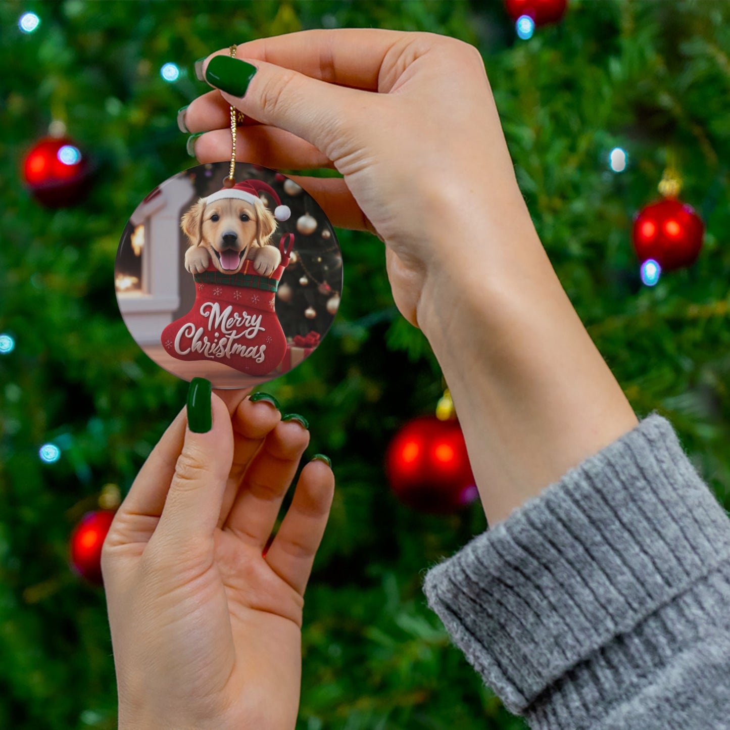 Golden Retriever Puppy in Stocking with Santa Hat | Ceramic Ornament, Circle