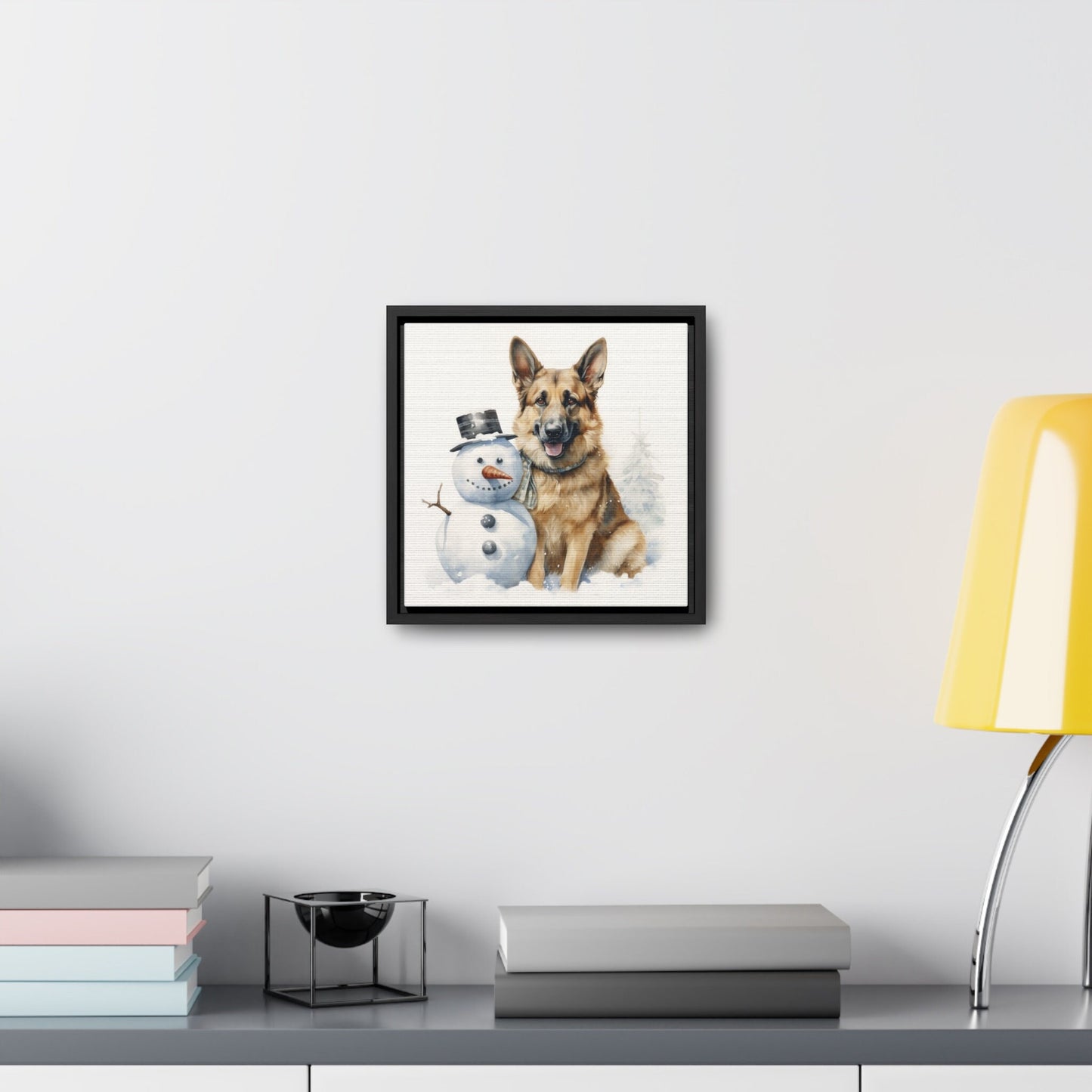 German Shepherd with Snowman Watercolor | Framed Canvas