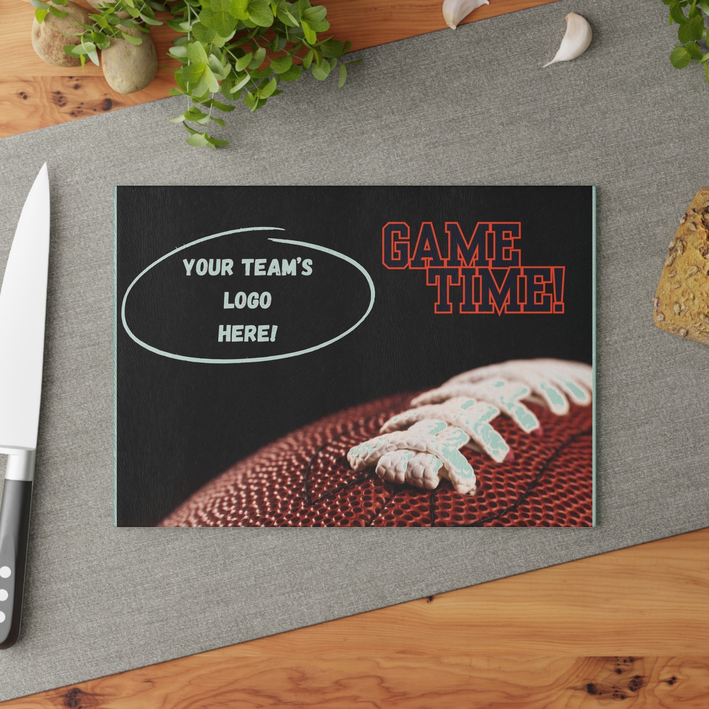 CUSTOM Your Team Logo with Color-Matching Text | Game Time Football Closeup Black Background | Glass Cutting Board