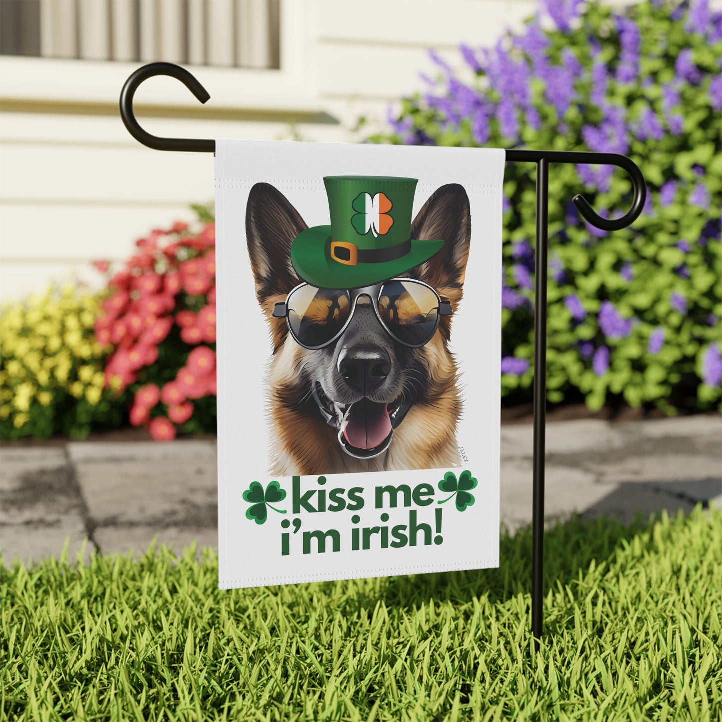 German Shepherd Flag, Garden Flag, Kiss Me I'm Irish!, House Flag, Banner, Printed Both Sides, Gift, Dog Lover, St. Patrick's Day