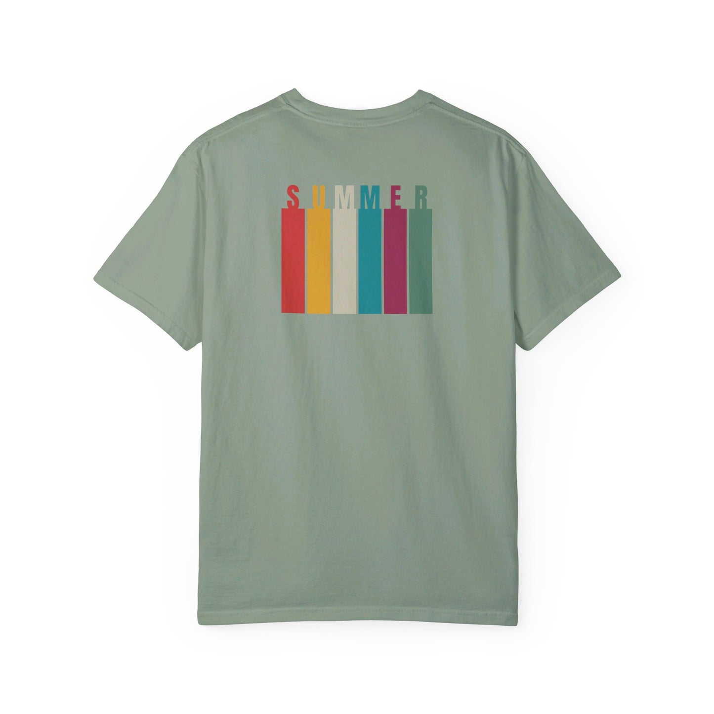 Summer Palm Tree Island Front Colorful "Summer" Rainbow Colors Back | Comfort Colors | Unisex Garment-Dyed T-shirt