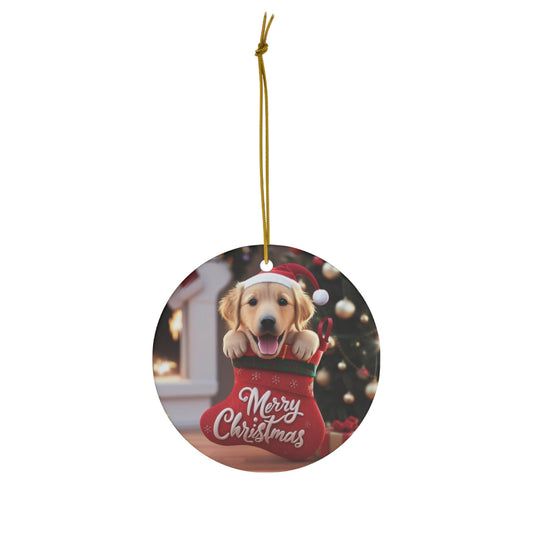 Golden Retriever Puppy in Stocking with Santa Hat | Ceramic Ornament, Circle