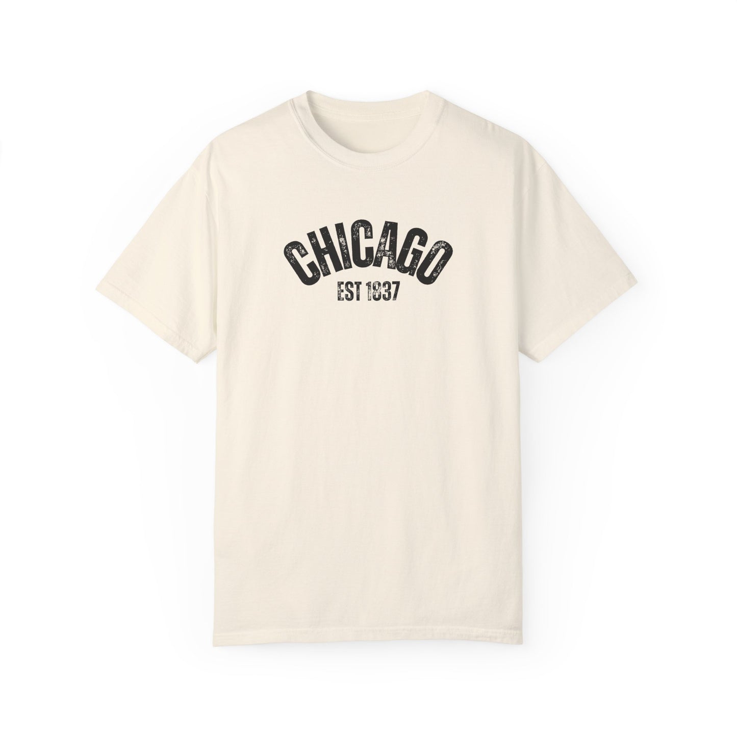 CHICAGO Funky Illustration of the Chicago Skyline on Back Grunge Chicago Logo on Front | Comfort Colors | Unisex Garment-Dyed T-shirt