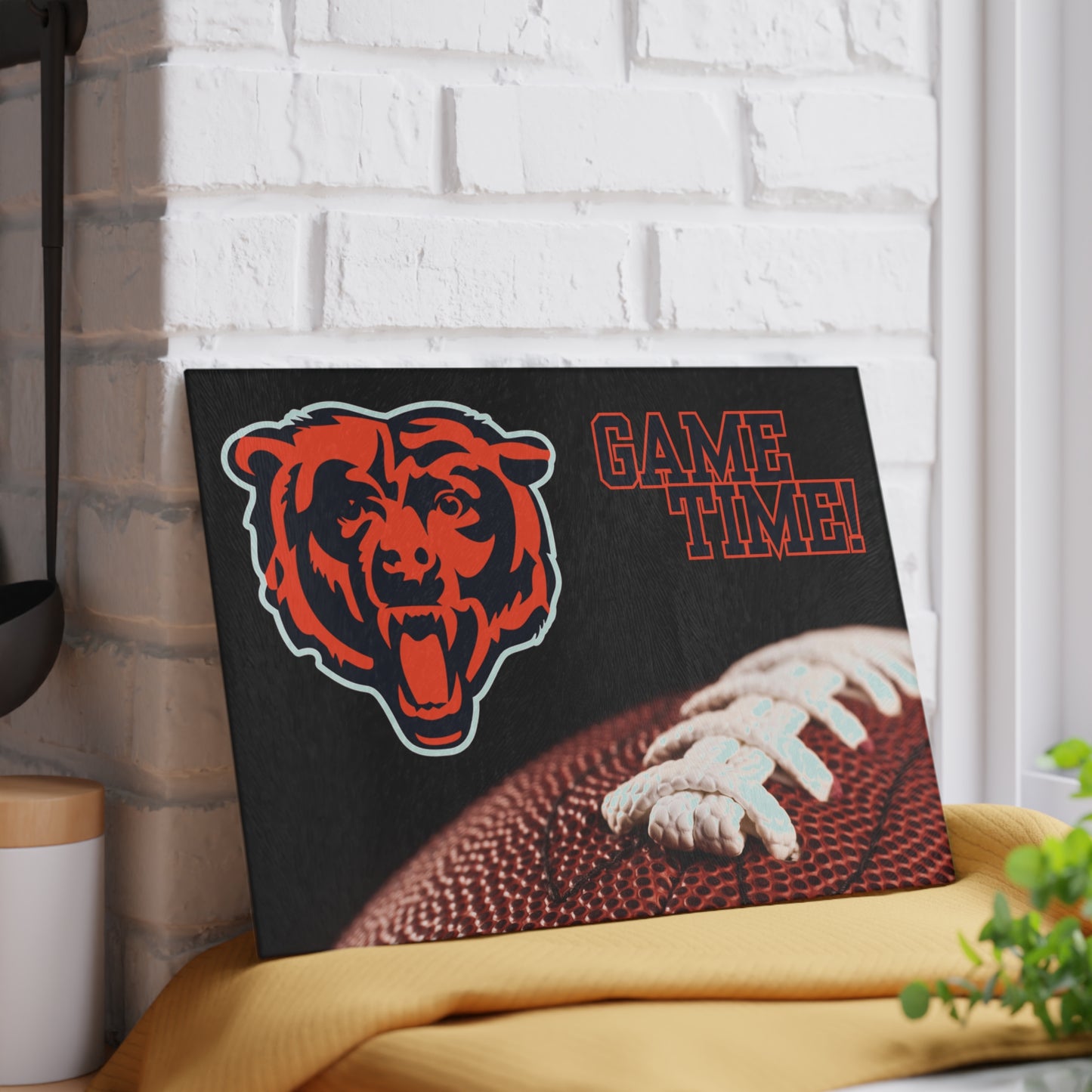 Game Time Football Closeup Black Background | Chicago Bears | Glass Cutting Board