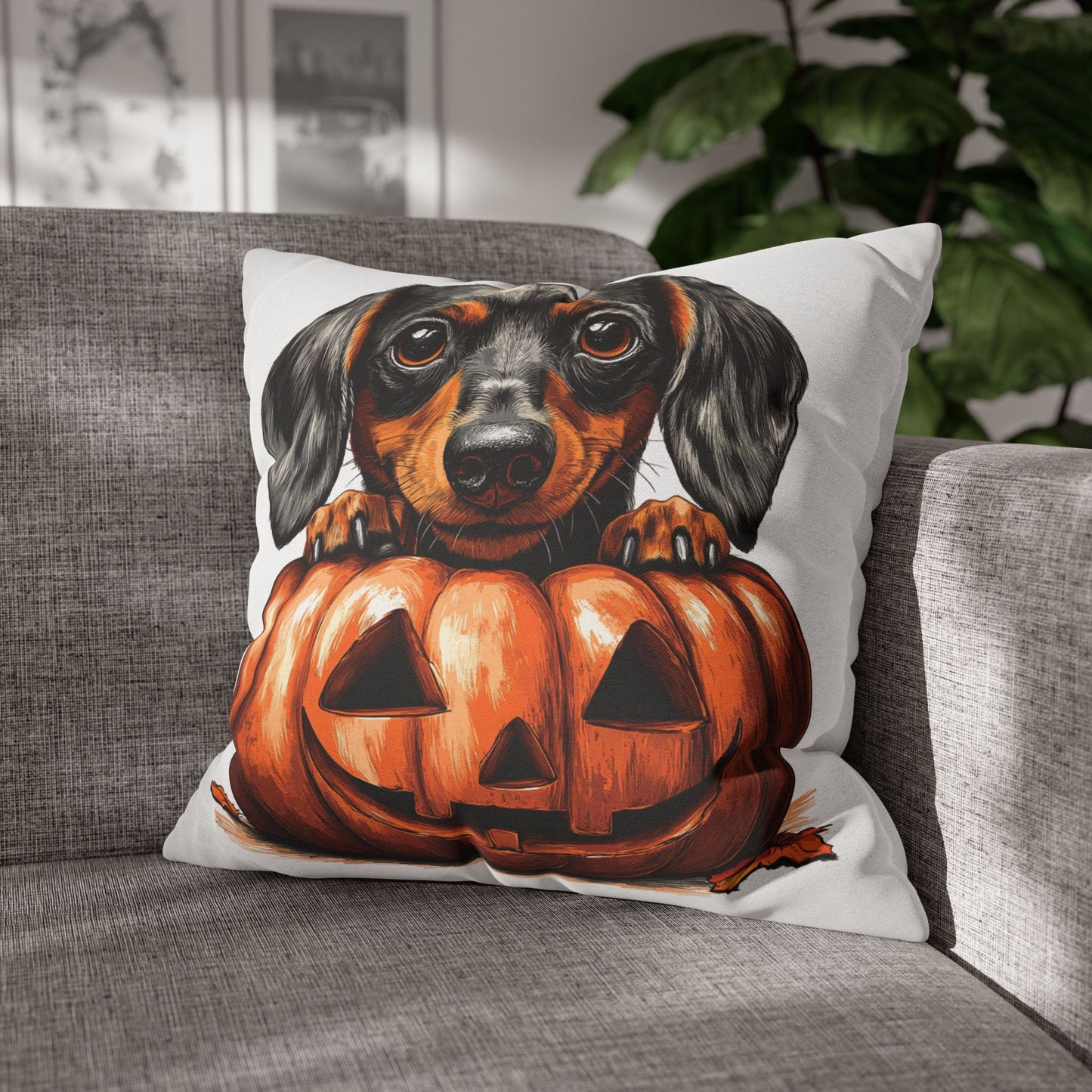 Cute Dachshund with Pumpkin | Spun Polyester Square Pillowcase