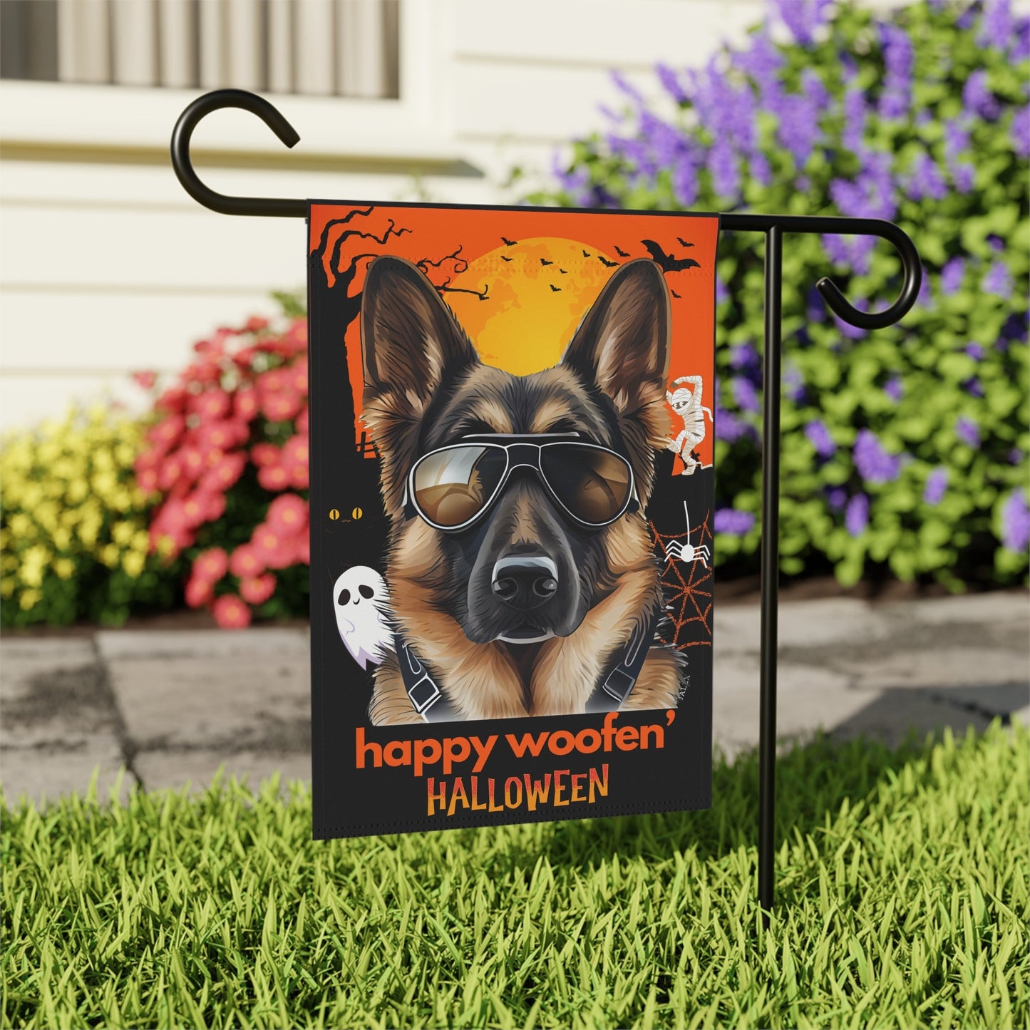 German Shepherd Flag, Garden Flag, Happy Woofen' Halloween, House Flag, Banner, Printed Both Sides