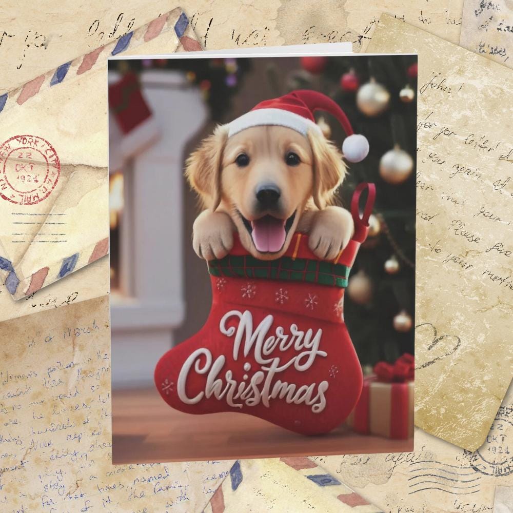 Golden Retriever Cute Puppy in Stocking "Merry Christmas" | Greeting cards (8, 16, and 24 pcs)