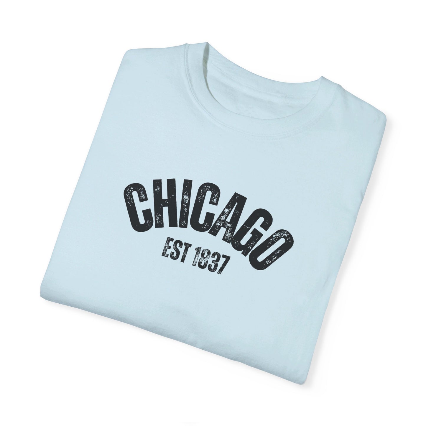 CHICAGO Funky Illustration of the Chicago Skyline on Back Grunge Chicago Logo on Front | Comfort Colors | Unisex Garment-Dyed T-shirt