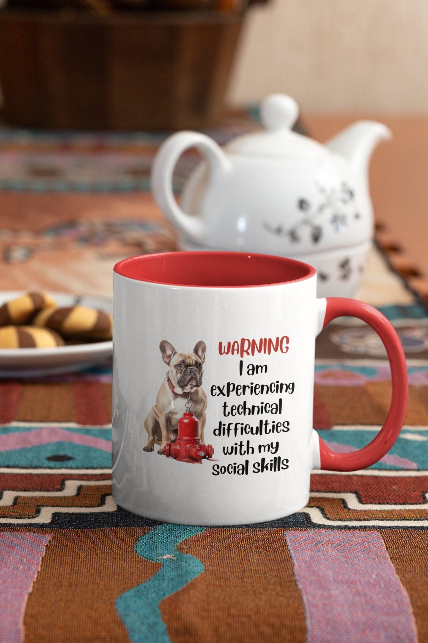 French Bulldog with Hydrant "Warning: I am experiencing technical difficulties with my social skills" | Coffee Mug, 11oz