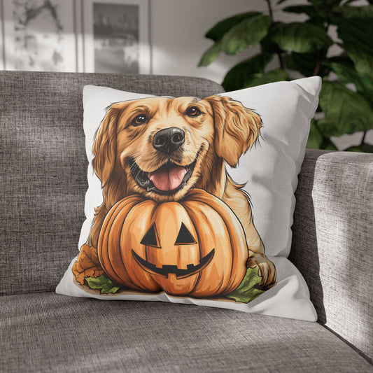 Cute Golden Retriever with Pumpkin | Spun Polyester Square Pillowcase