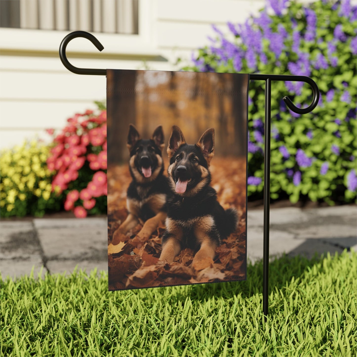 German Shepherd Puppies Playing in Fall Leaves Garden Flag, House Flag, Banner, Printed Both Sides