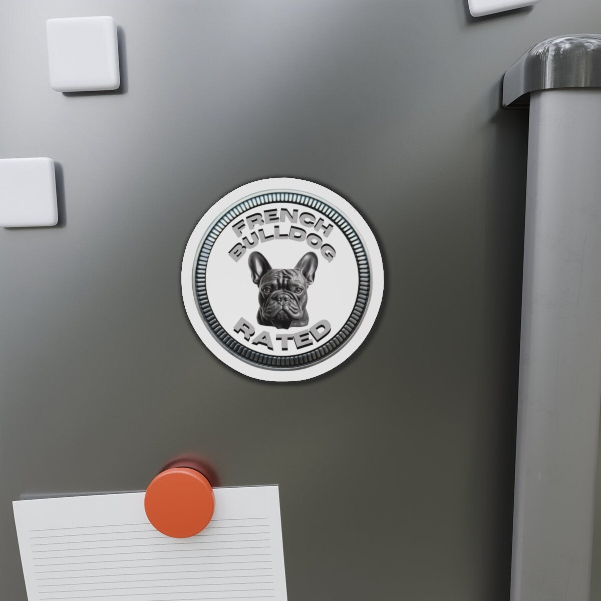 French Bulldog "RATED" | White | Metal Looking Badge | Die-Cut Magnet