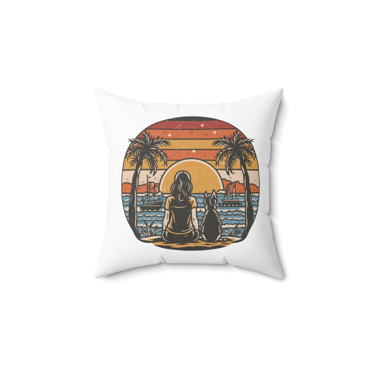 German Shepherd with Woman Palm Trees Sunset Beach Retro Vintage Square Pillow | Gifts for Dog Lovers