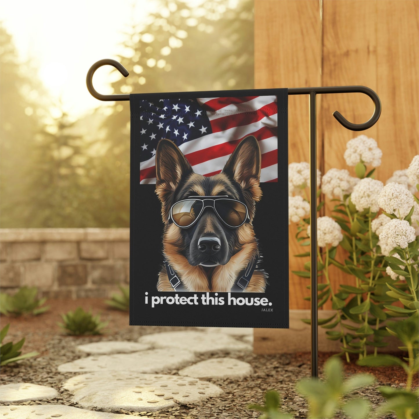 German Shepherd Flag, Garden Flag, I Protect This House, Patriotic, USA, United States, American Flag, Banner, Printed Both Sides