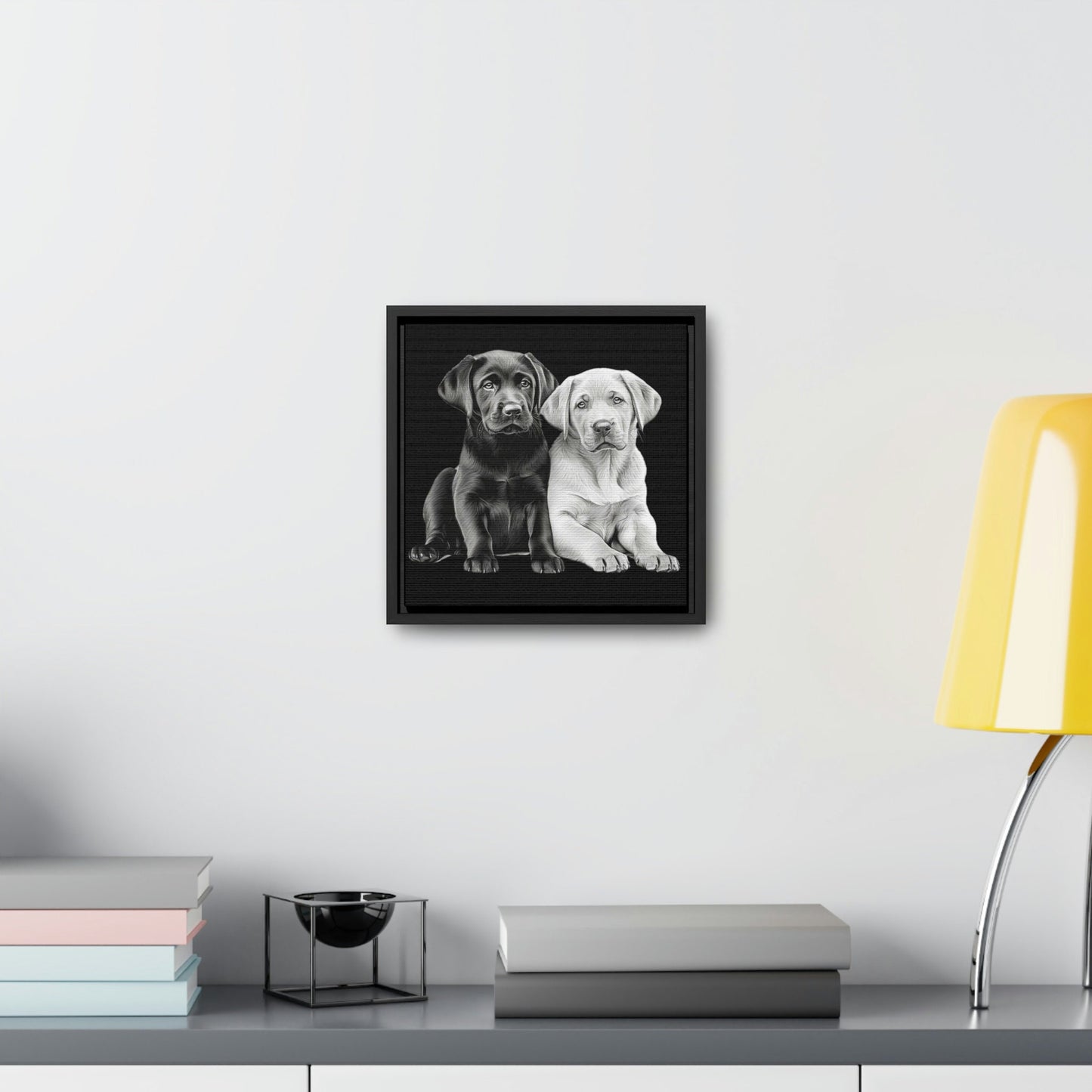 Labradors Black and Yellow Puppies Framed Canvas