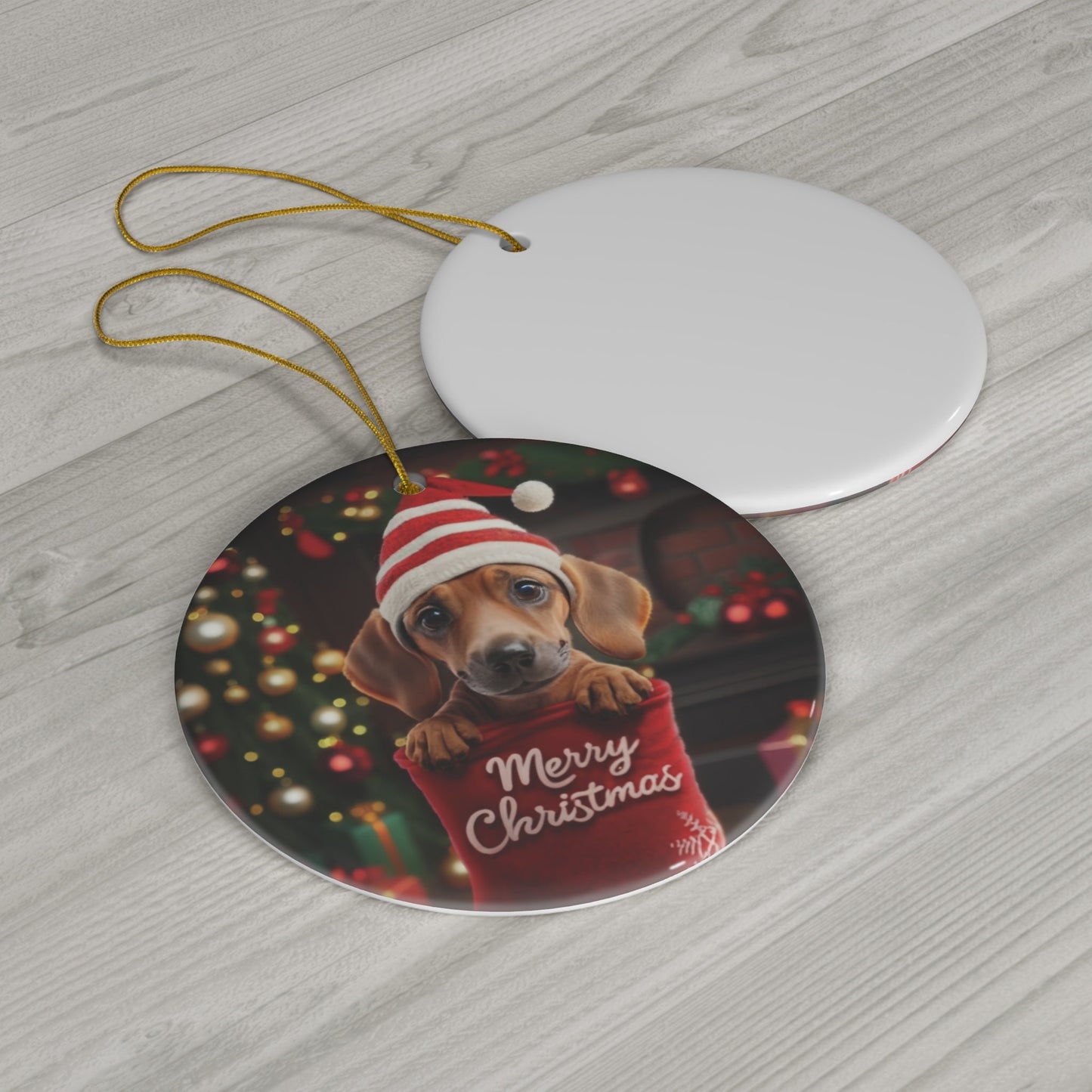 Dachshund Puppy in Stocking with Santa Hat | Ceramic Ornament, Circle