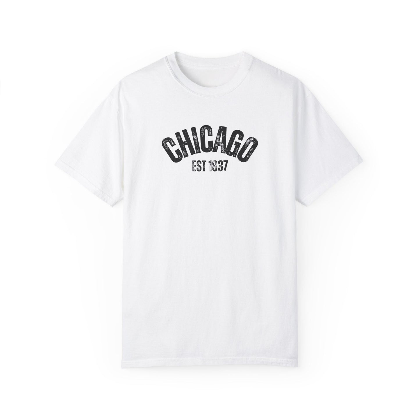 CHICAGO Funky Illustration of the Chicago Skyline on Back Grunge Chicago Logo on Front | Comfort Colors | Unisex Garment-Dyed T-shirt