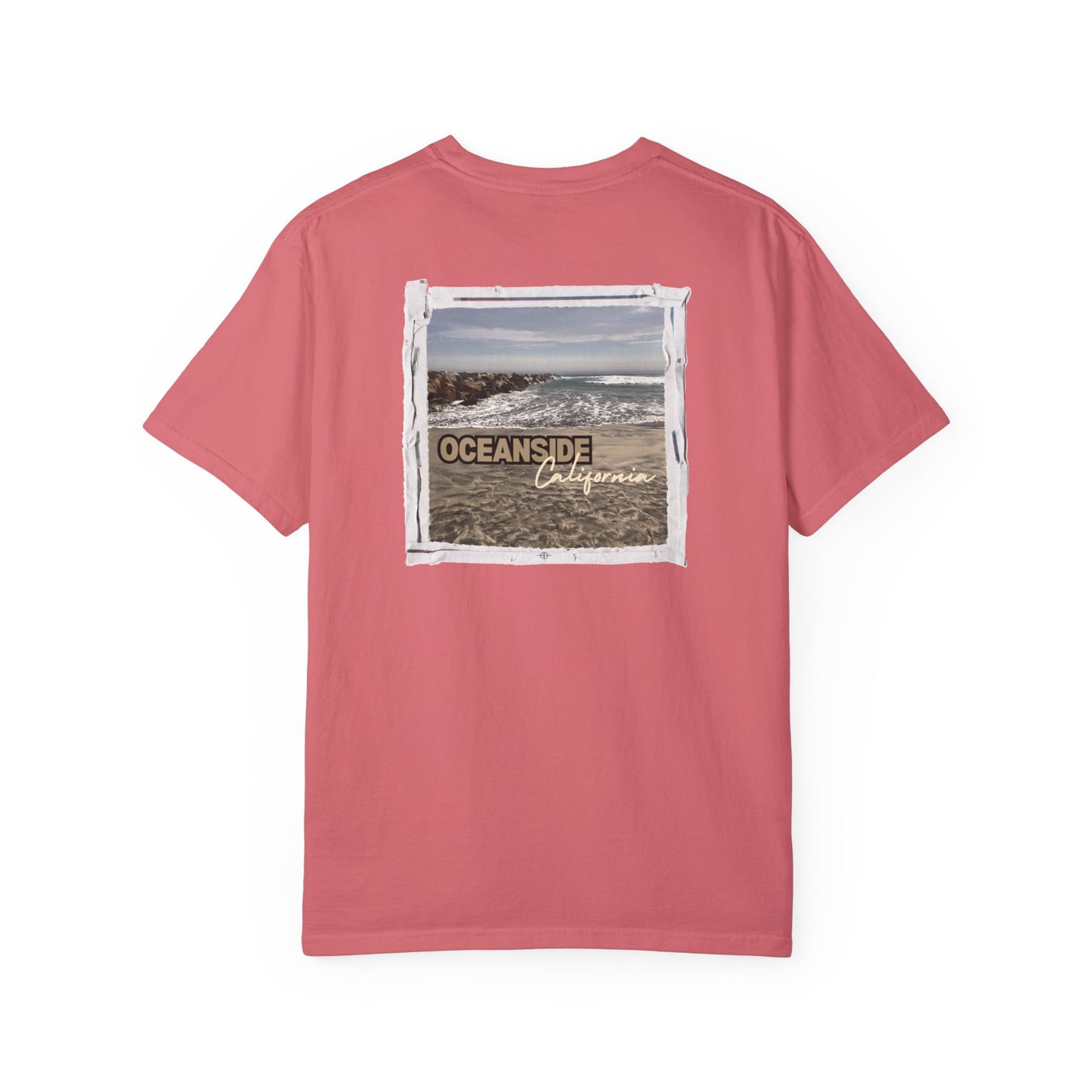 Oceanside CA Beach Ocean Waves Actual Photo on Back Longitude Latitude Coordinates on Front | Comfort Colors | Unisex Garment-Dyed T-shirt