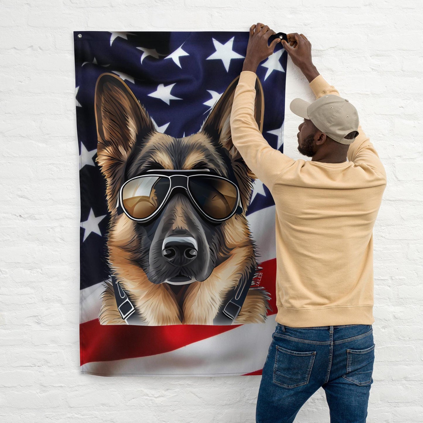 German Shepherd in Aviator Glasses w USA Flag Background 36" x 60" Flag