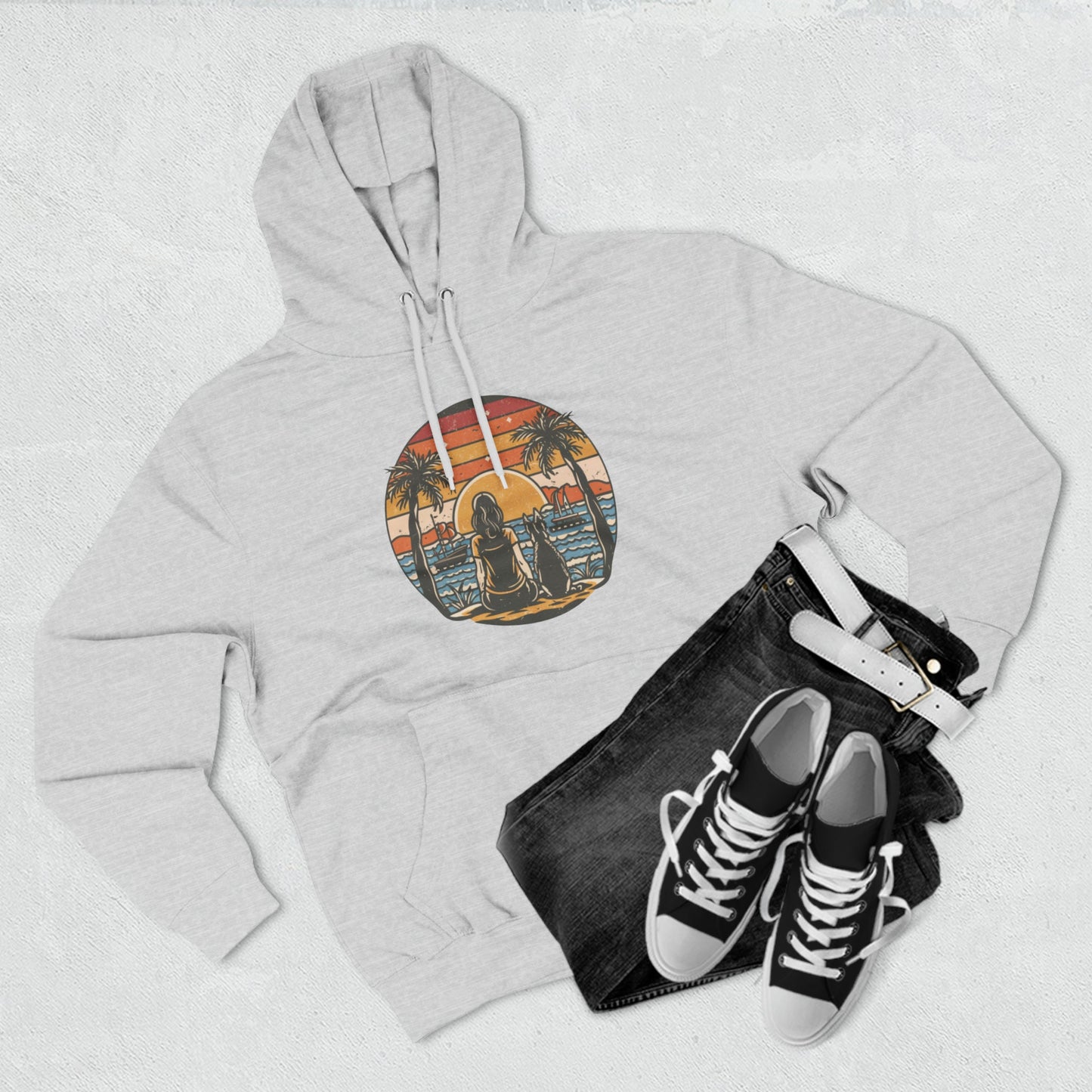 German Shepherd with Woman Palm Trees Ocean Sunset Retro Vintage Hoodie | Unisex Premium Pullover Hoodie | Gifts for Dog Lovers