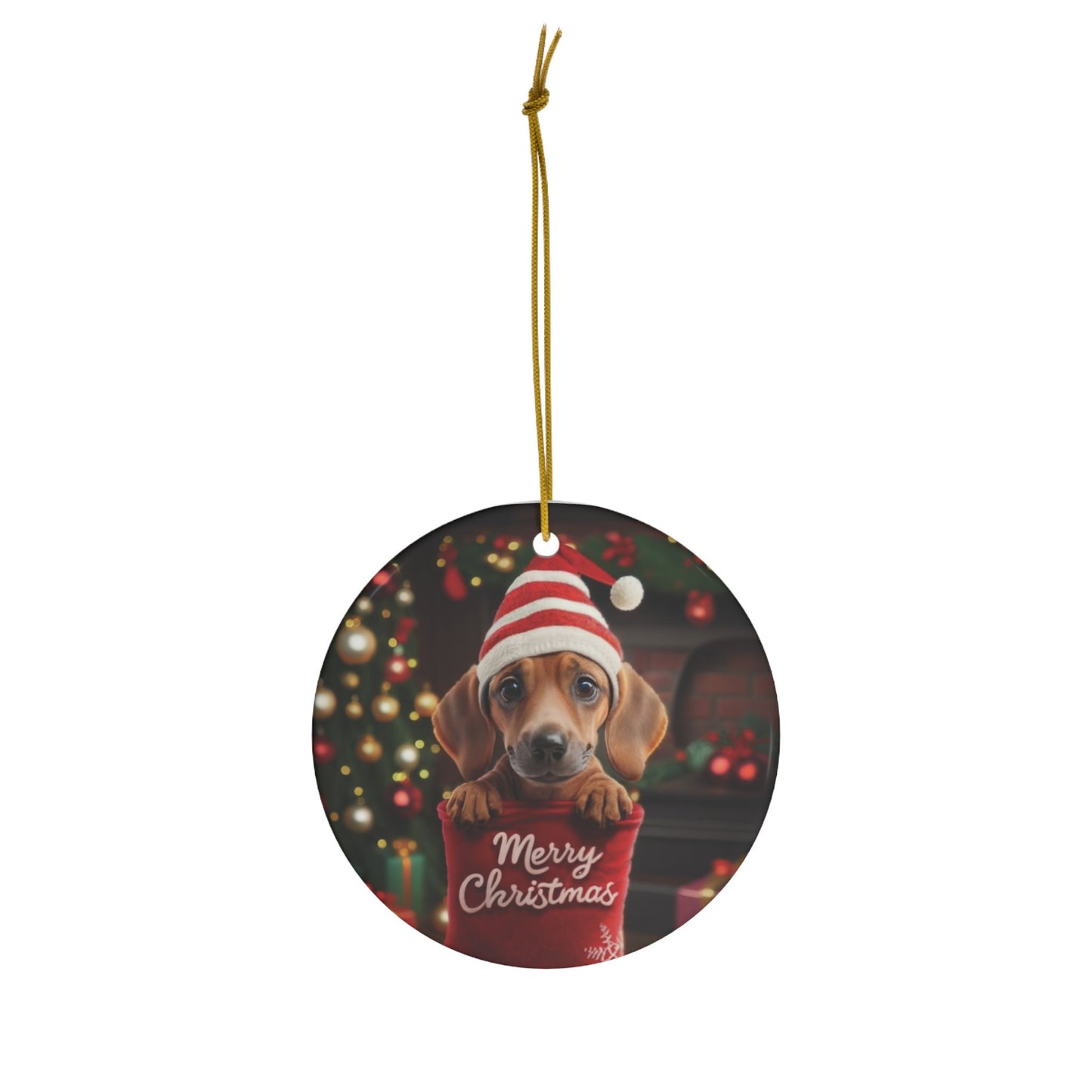 Dachshund Puppy in Stocking with Santa Hat | Ceramic Ornament, Circle