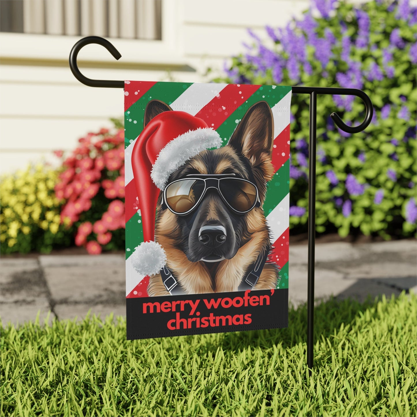 German Shepherd Flag, Garden Flag, Merry Woofen' Christmas, House Flag, Banner, Printed Both Sides