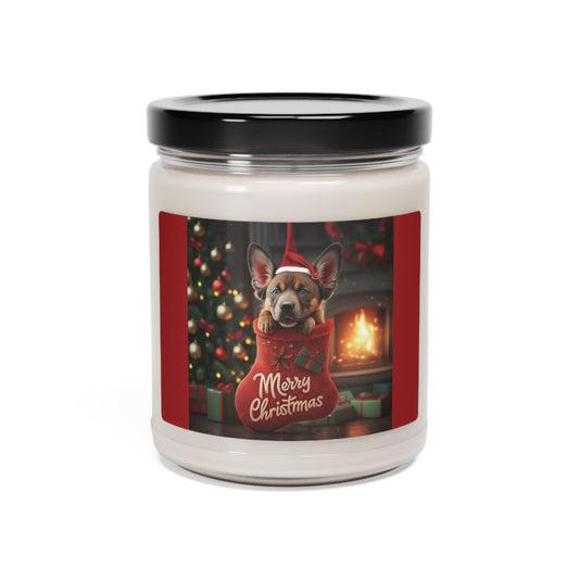 Cute German Shepherd Puppy in Red Stocking and Santa Hat "Merry Christmas" | Gifts for Dog Owners | Scented Soy Candle, 9oz