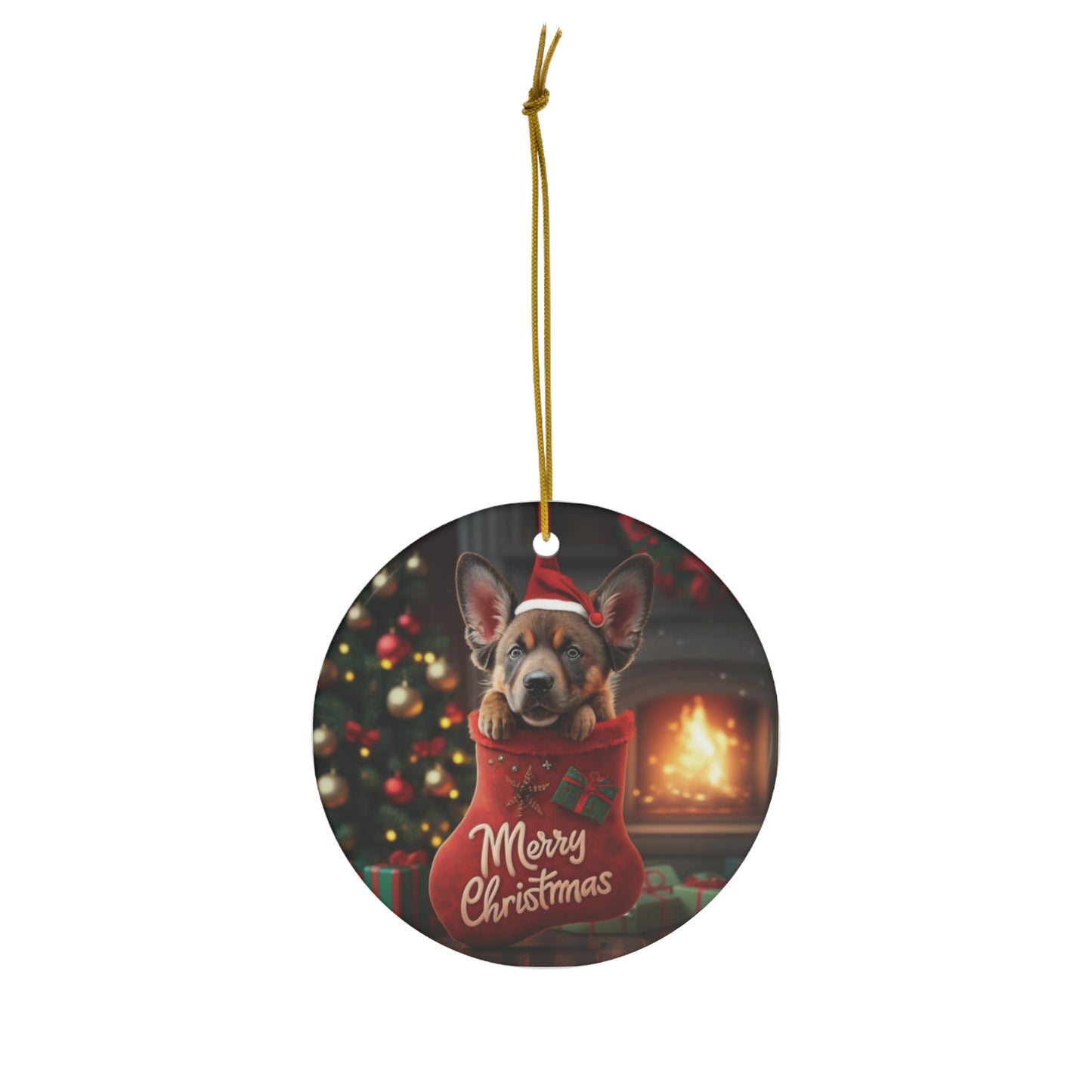 German Shepherd Puppy in Stocking with Santa Hat | Ceramic Ornament, Circle