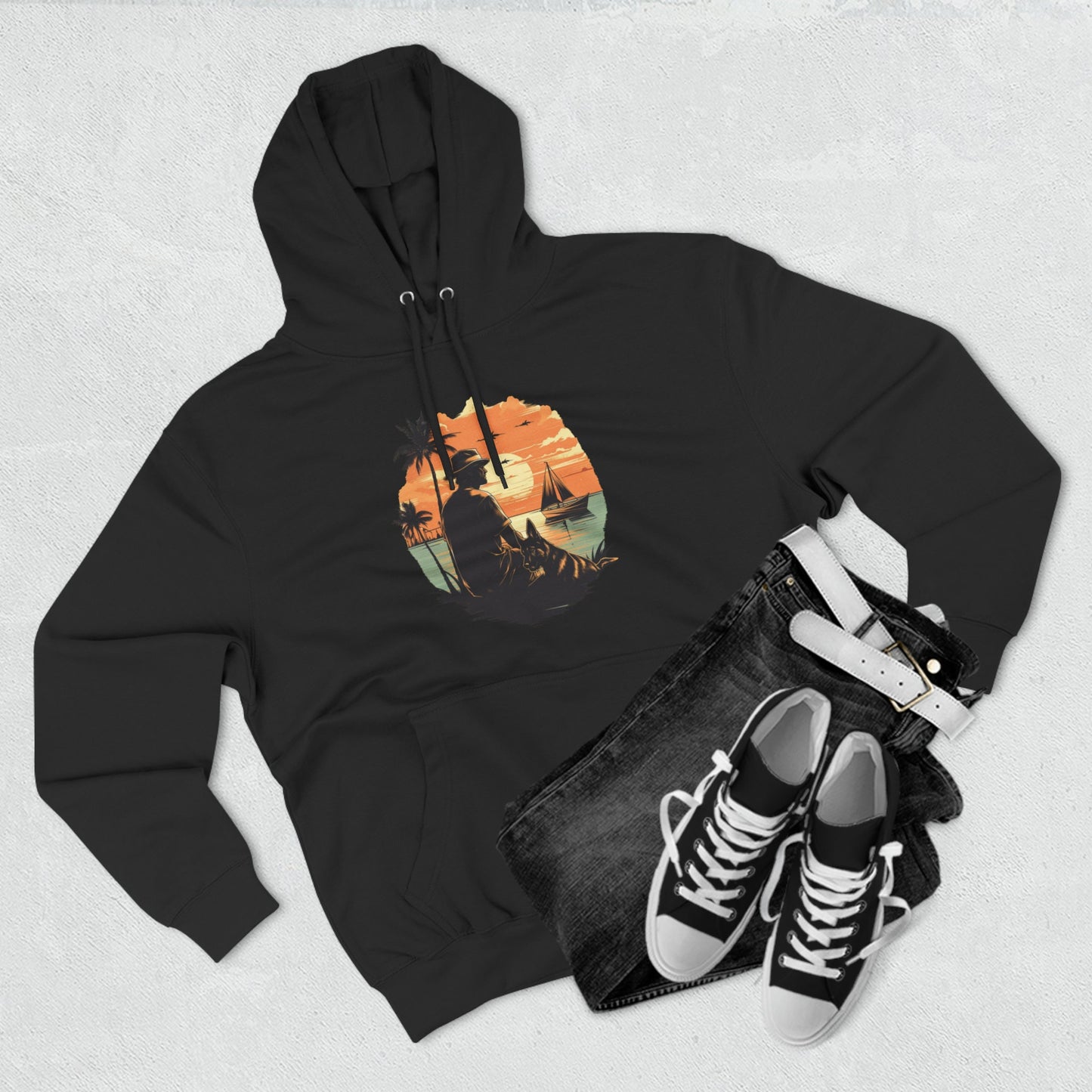 German Shepherd with Man Palm Trees Ocean Sunset Retro Vintage Hoodie | Unisex Premium Pullover Hoodie | Gifts for Dog Lovers