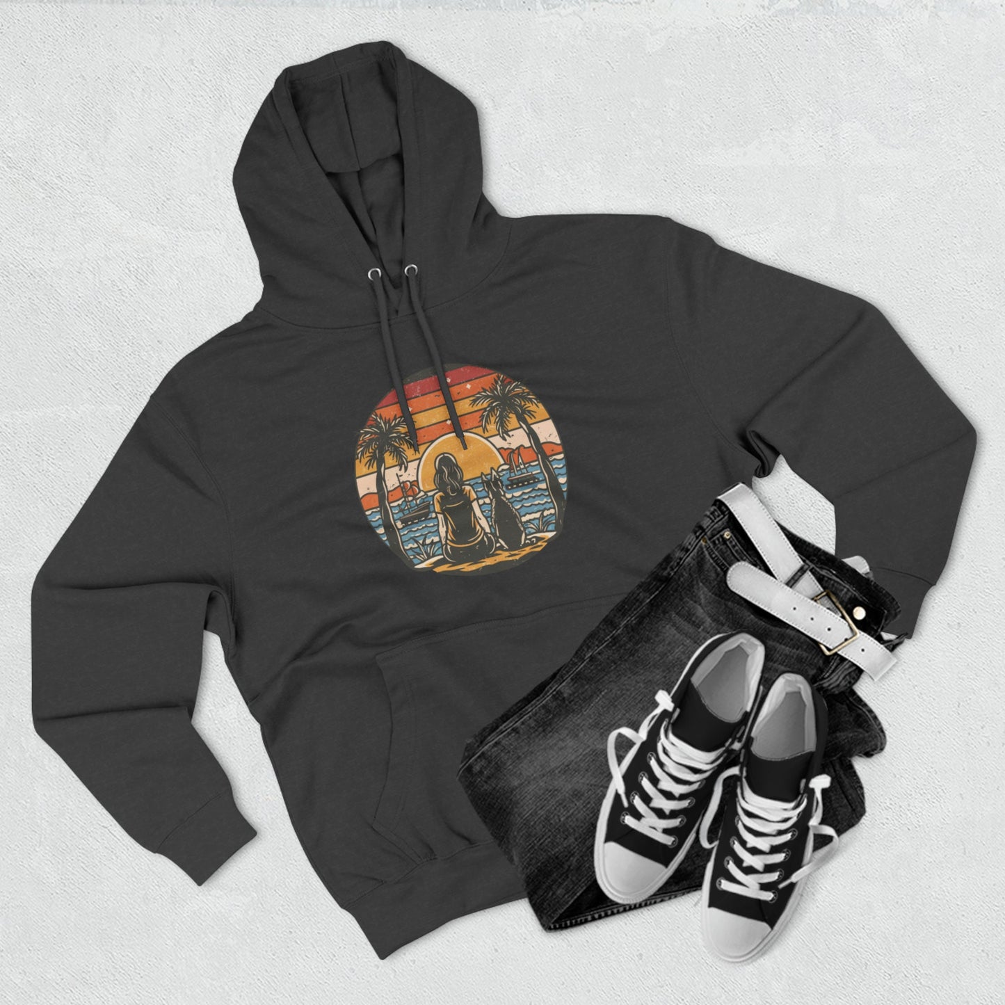 German Shepherd with Woman Palm Trees Ocean Sunset Retro Vintage Hoodie | Unisex Premium Pullover Hoodie | Gifts for Dog Lovers