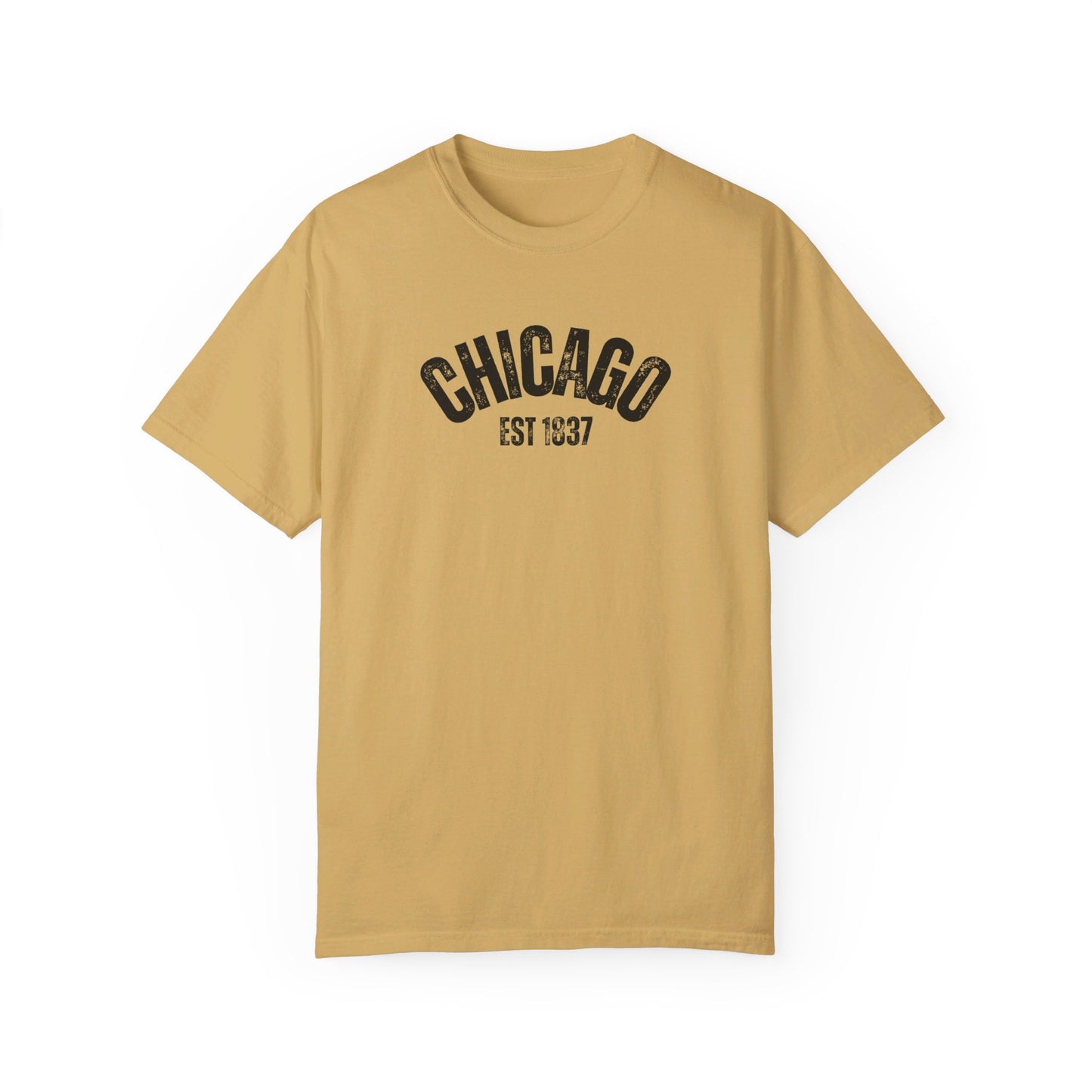 CHICAGO Funky Illustration of the Chicago Skyline on Back Grunge Chicago Logo on Front | Comfort Colors | Unisex Garment-Dyed T-shirt